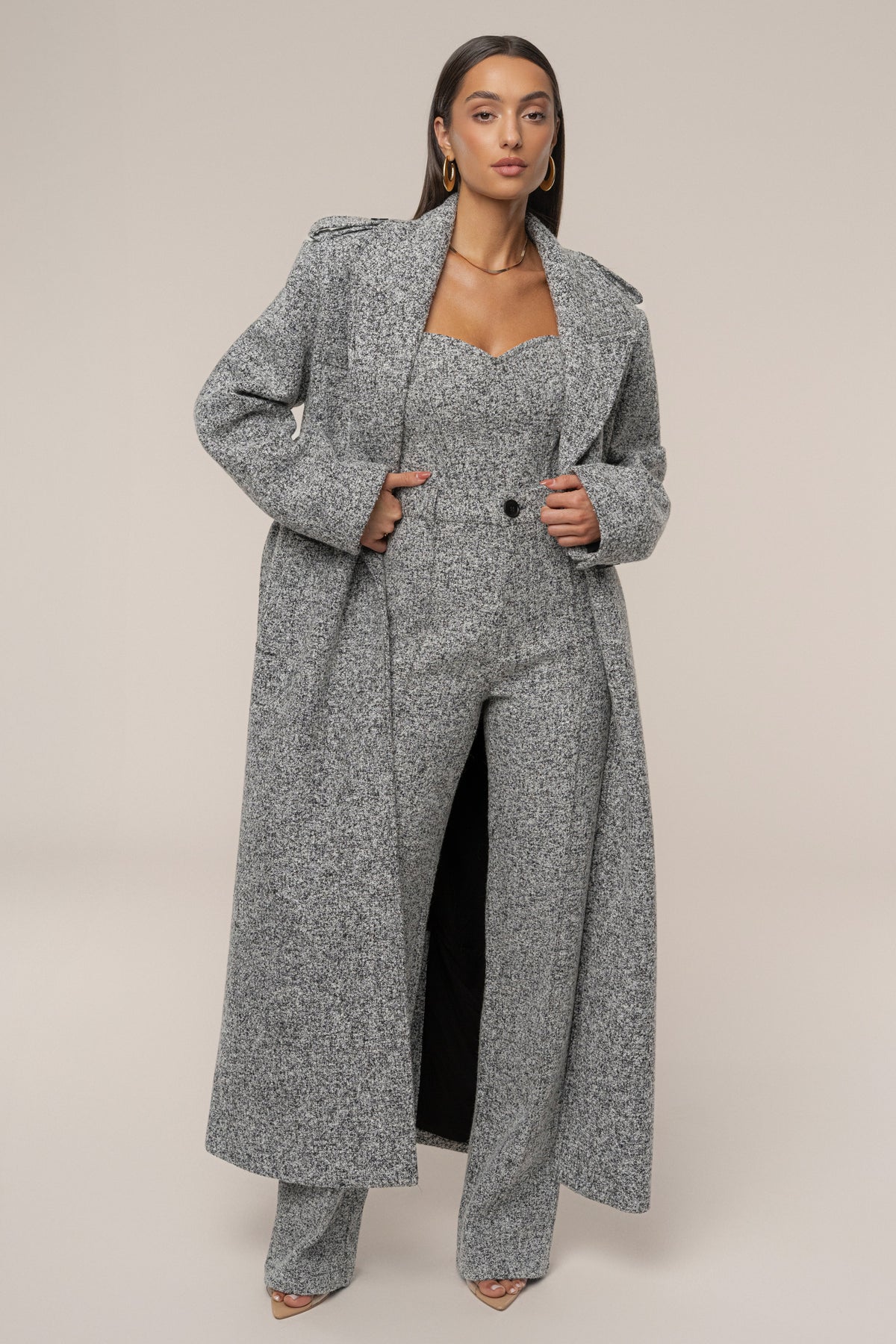 Lt. Grey Savannah Belted Tweed Coat