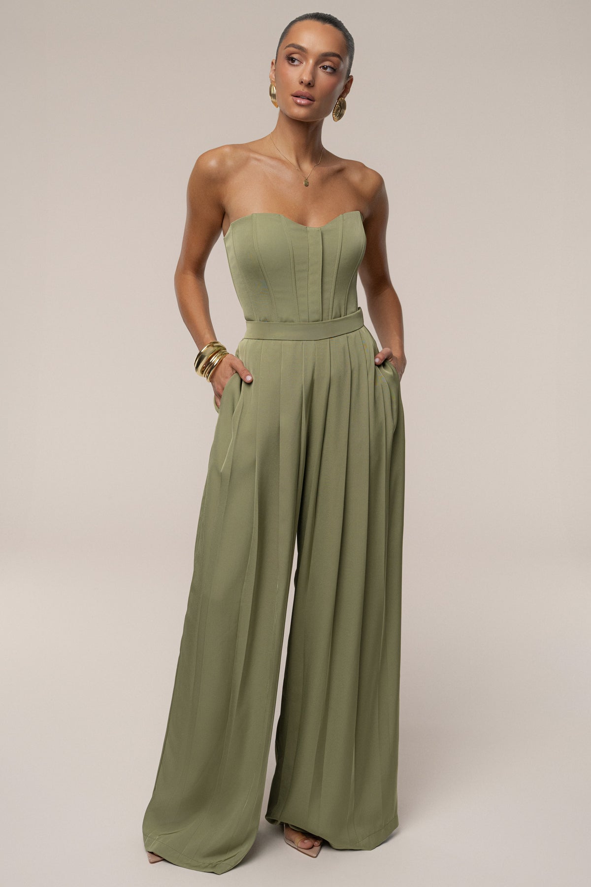 Olive Clara Wide Leg Pleated Trousers