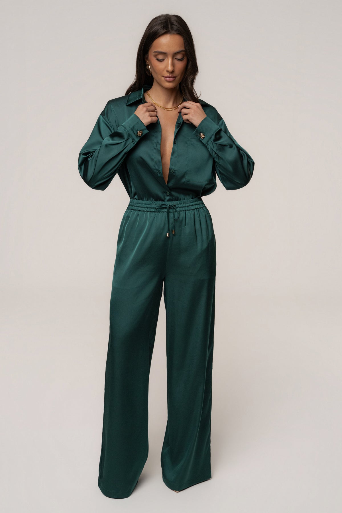 Emerald Island Ease Collared Satin Top