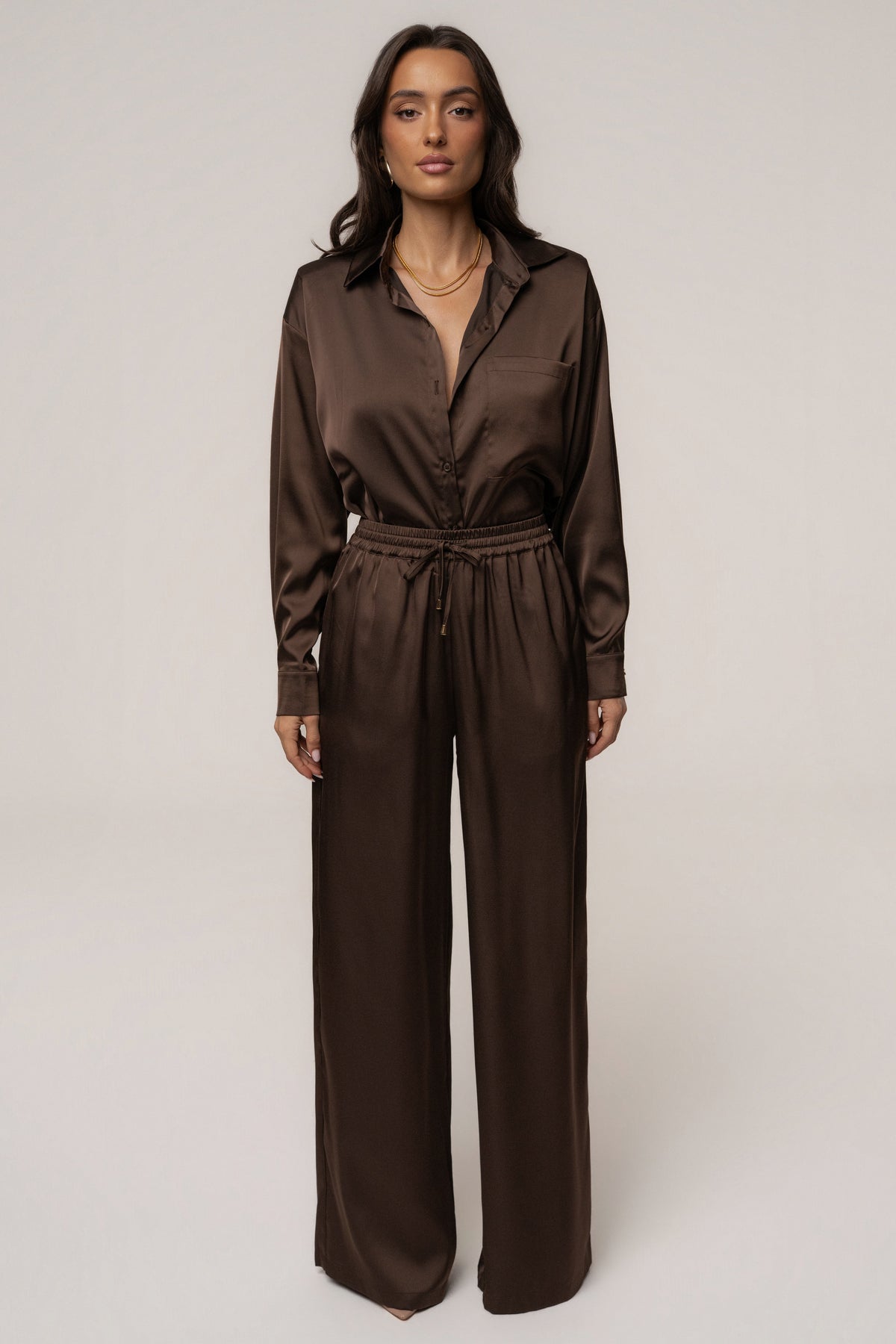 Chocolate Island Ease Collared Satin Top