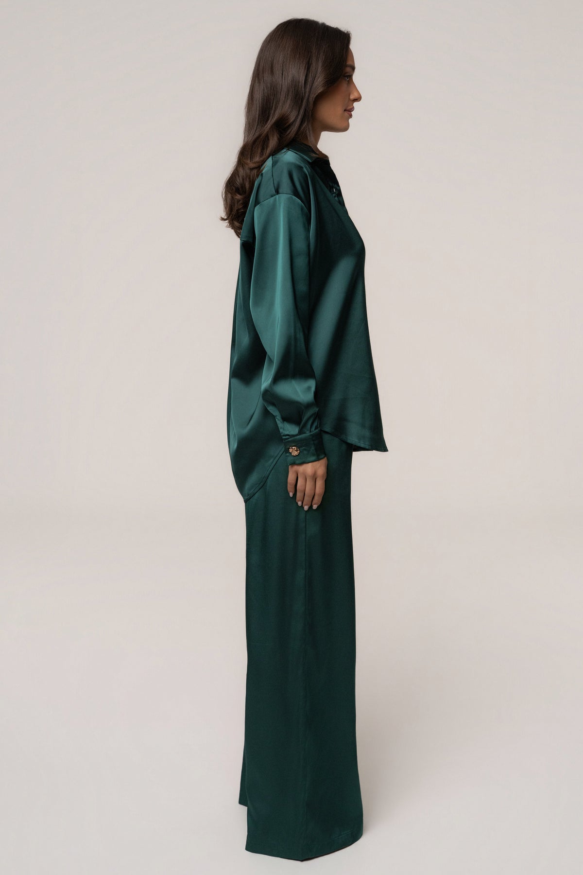 Emerald Island Ease Collared Satin Top