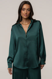 Emerald Island Ease Collared Satin Top