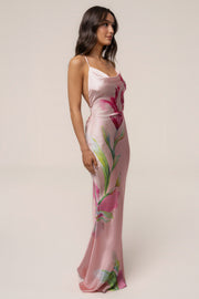 Light Pink Satin Floral Print Maxi Dress
