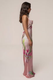 Light Pink Satin Floral Print Maxi Dress