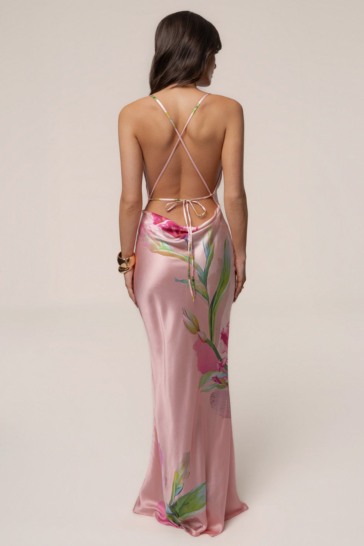 Light Pink Satin Floral Print Maxi Dress