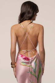 Light Pink Satin Floral Print Maxi Dress