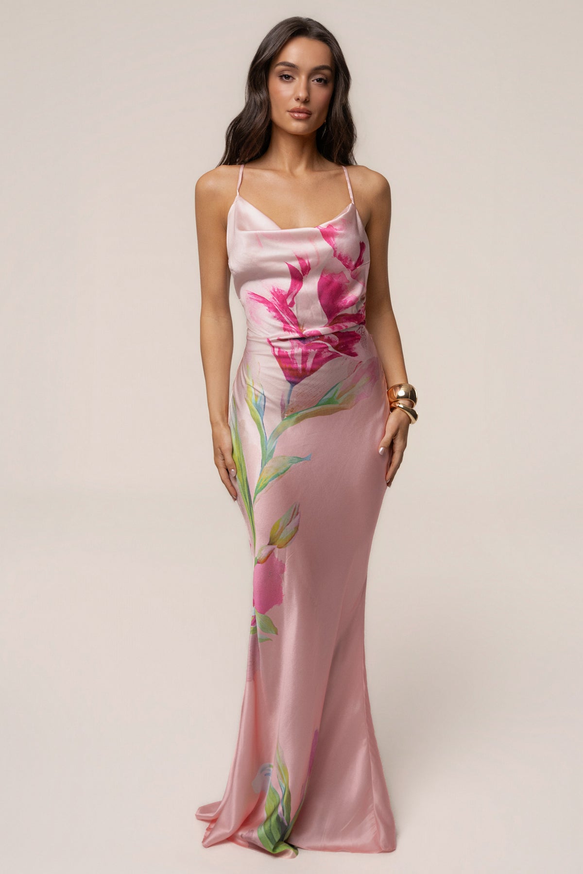 Light Pink Satin Floral Print Maxi Dress