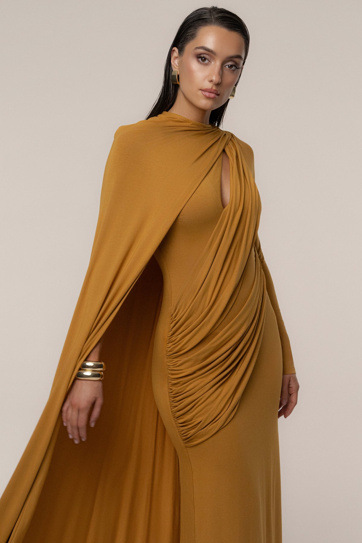 Gold Draped Elegance Cape Dress