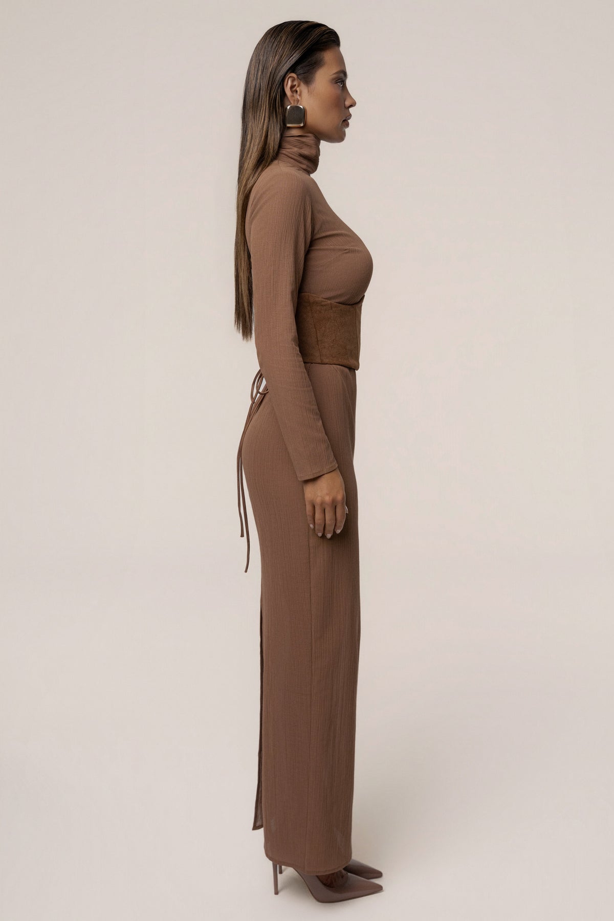 Pecan Hourglass Suede Maxi Dress